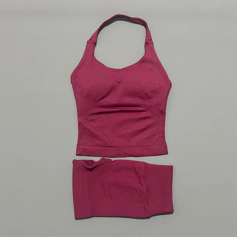 Yoga Set For Women With Backless Halter Top And Seamless Shorts