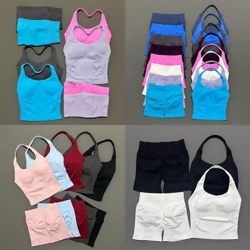 Yoga Set For Women With Backless Halter Top And Seamless Shorts