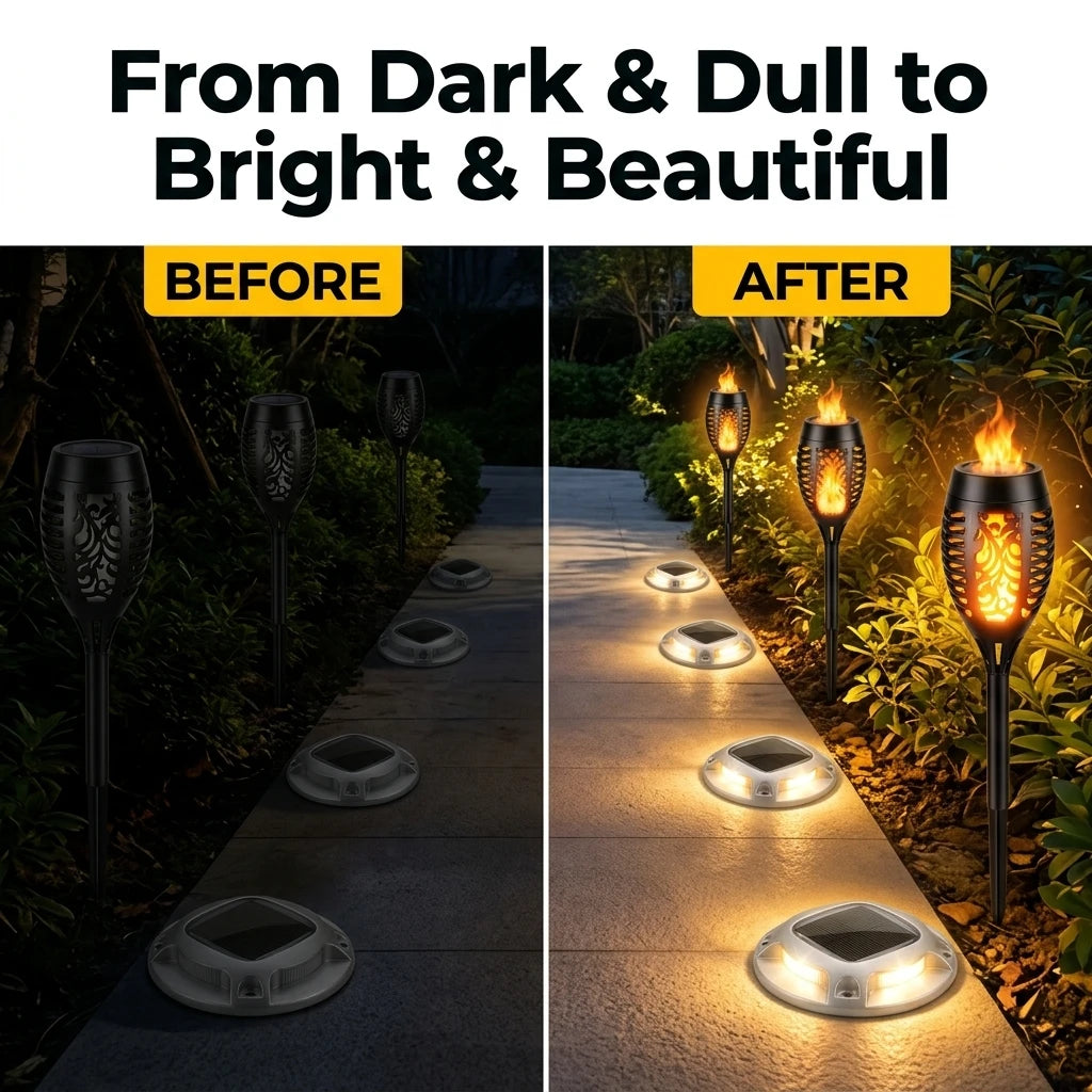 Solar Flame Torch and Ground Lights for Garden Pathways