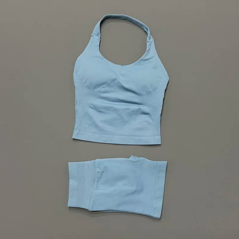Yoga Set For Women With Backless Halter Top And Seamless Shorts