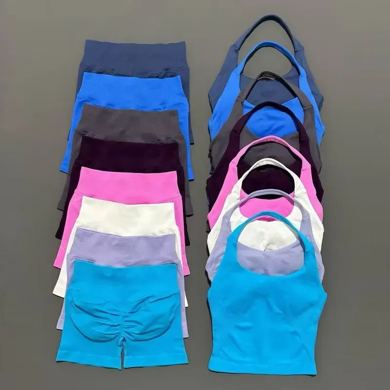 Yoga Set For Women With Backless Halter Top And Seamless Shorts