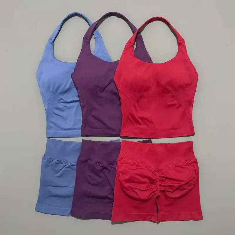 Yoga Set For Women With Backless Halter Top And Seamless Shorts