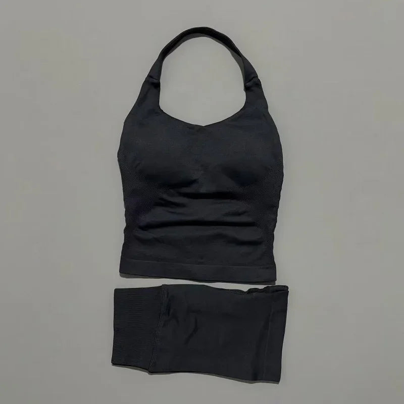 Yoga Set For Women With Backless Halter Top And Seamless Shorts