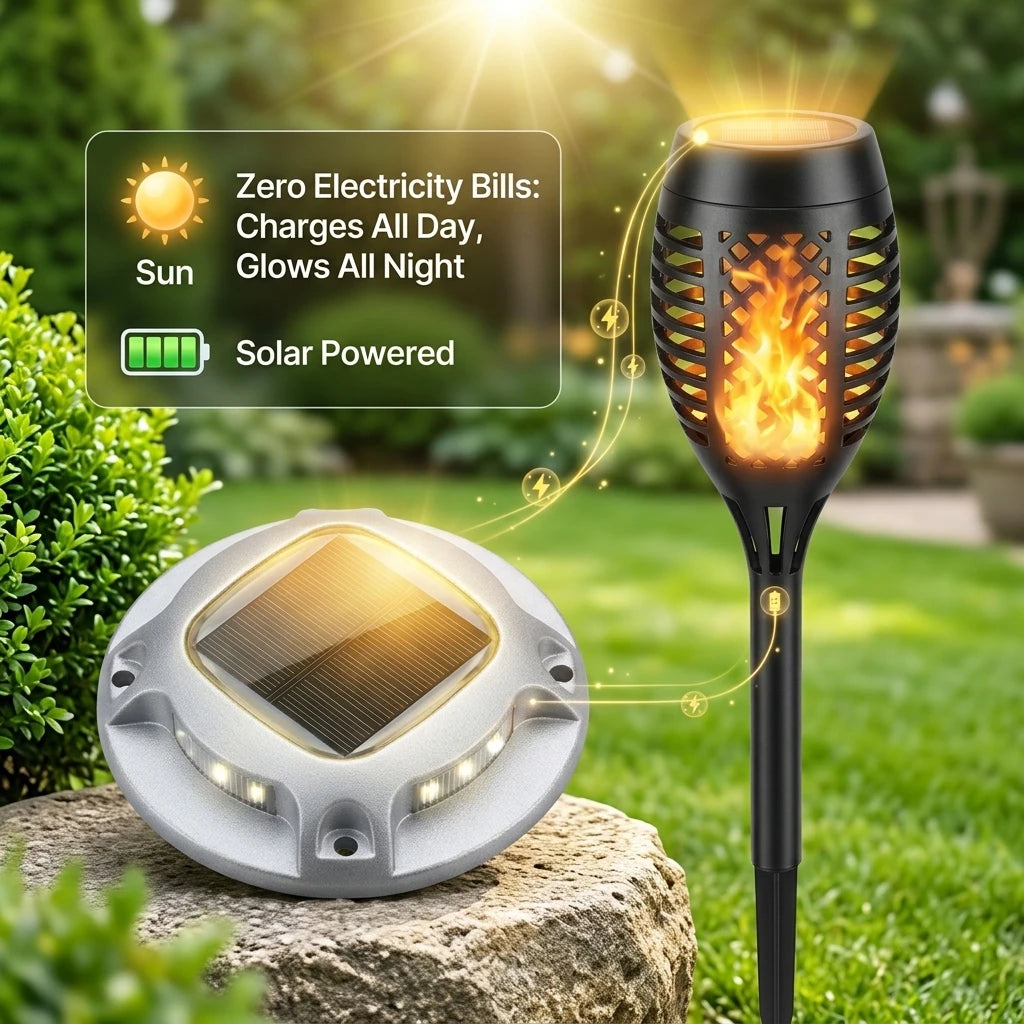 Solar Flame Torch and Ground Lights for Garden Pathways