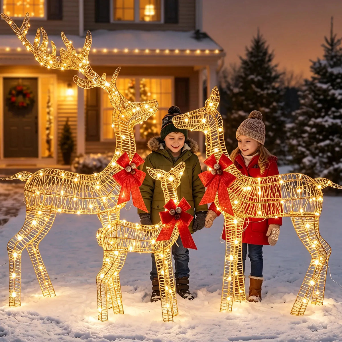 Christmas Deer Family Outdoor Decoration Set With Led Lighting