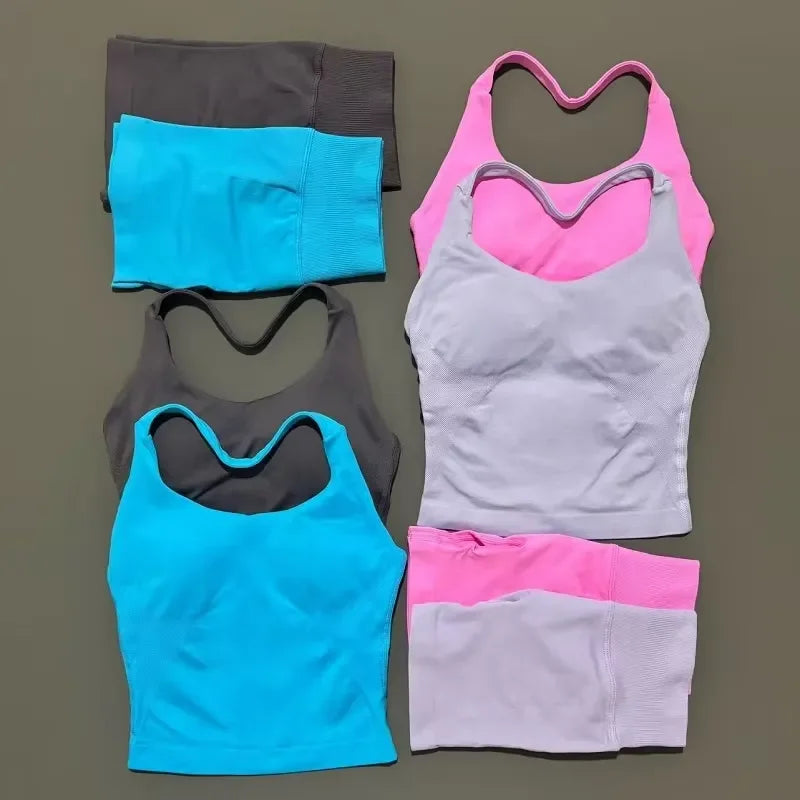 Yoga Set For Women With Backless Halter Top And Seamless Shorts