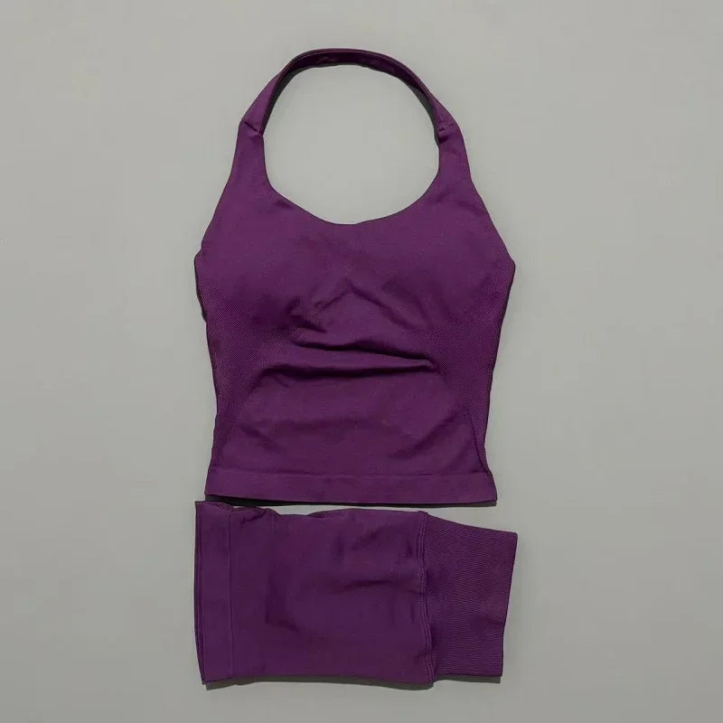 Yoga Set For Women With Backless Halter Top And Seamless Shorts