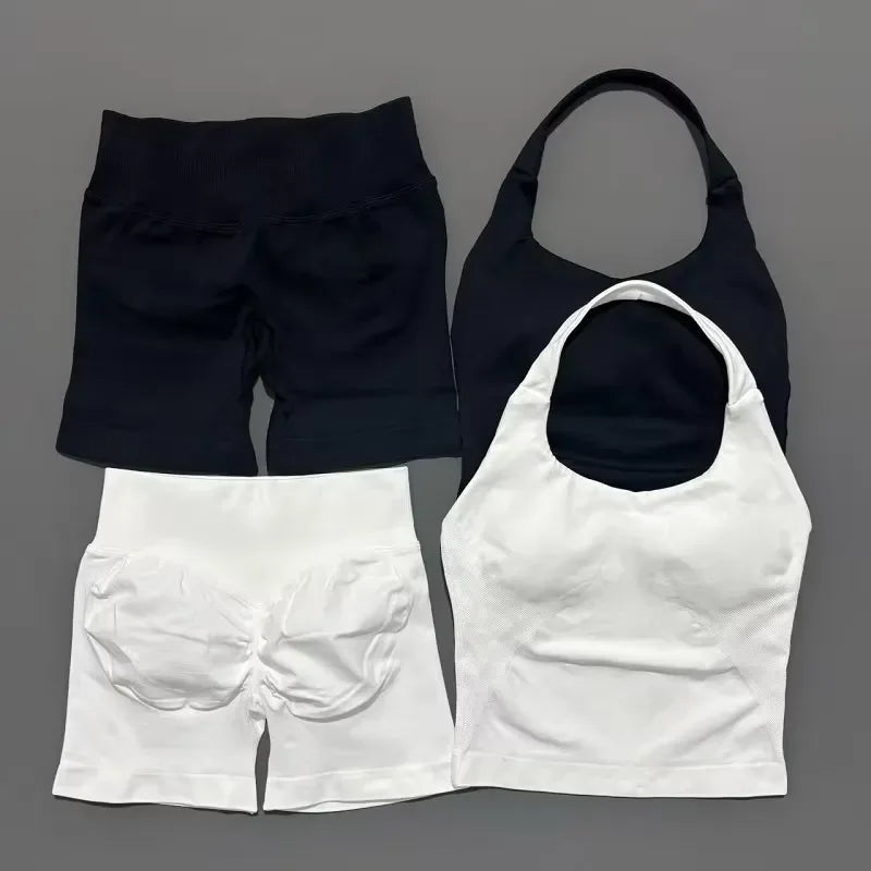 Yoga Set For Women With Backless Halter Top And Seamless Shorts