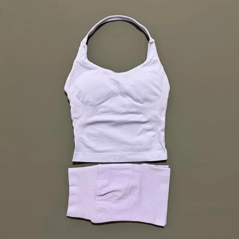 Yoga Set For Women With Backless Halter Top And Seamless Shorts