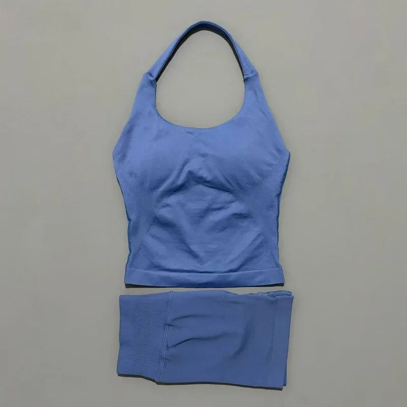 Yoga Set For Women With Backless Halter Top And Seamless Shorts