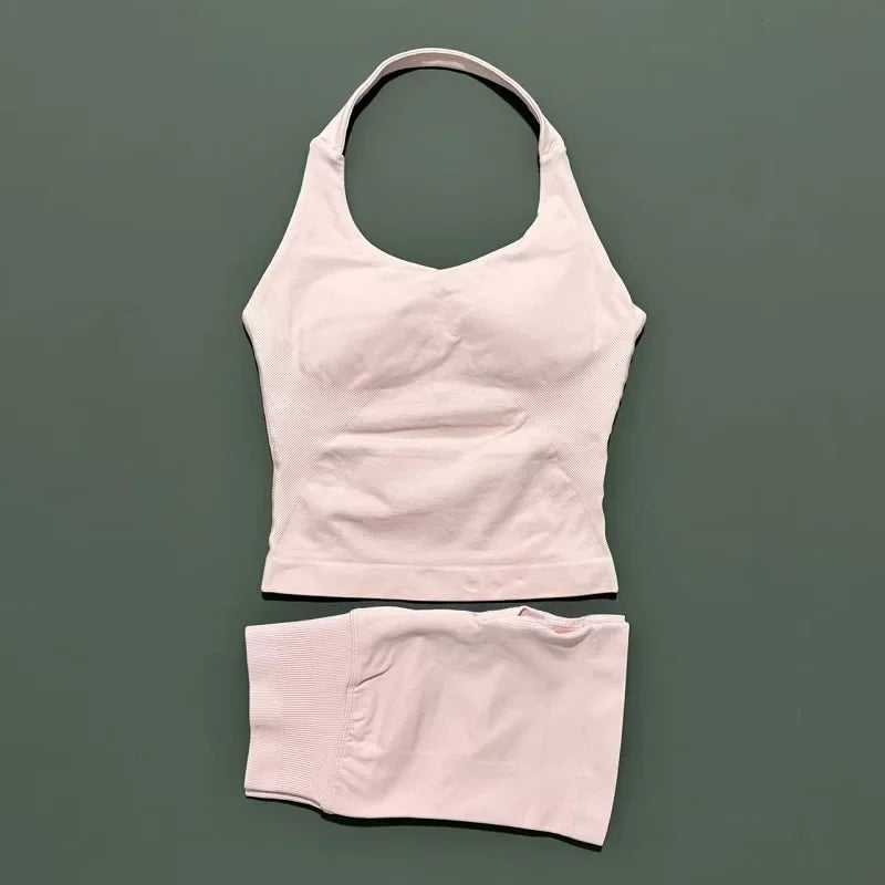 Yoga Set For Women With Backless Halter Top And Seamless Shorts