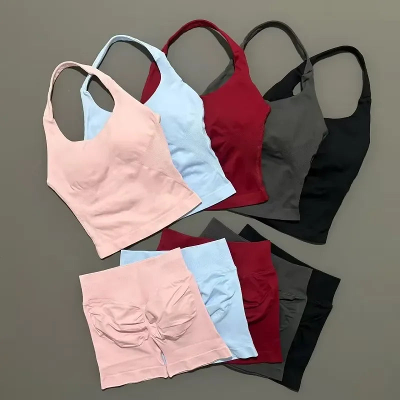 Yoga Set For Women With Backless Halter Top And Seamless Shorts