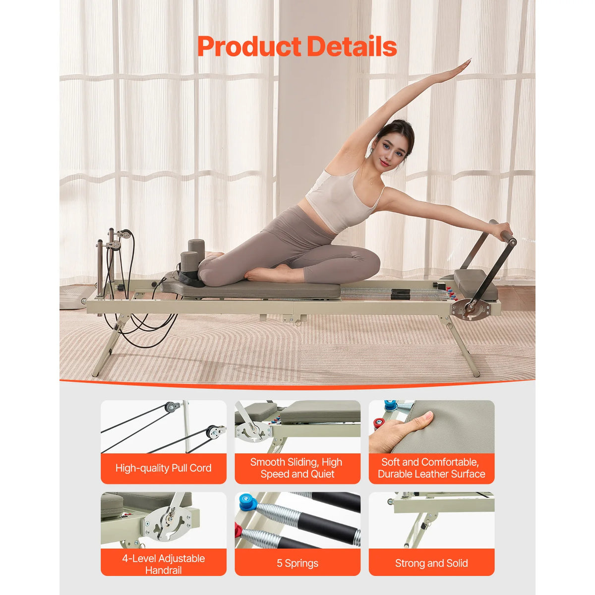 Foldable Pilates Reformer Machine With Dual Resistance Springs And Cords