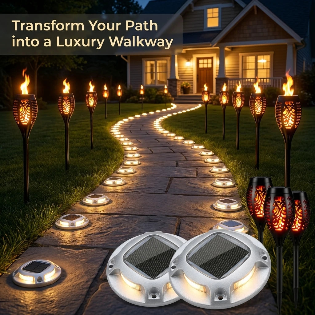 Solar Flame Torch and Ground Lights for Garden Pathways
