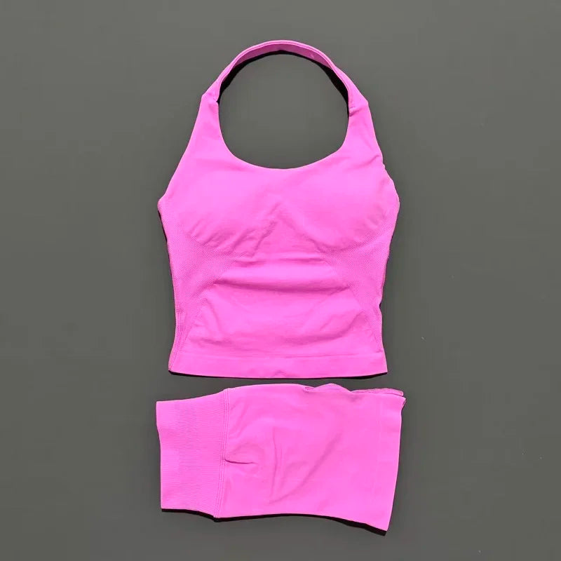 Yoga Set For Women With Backless Halter Top And Seamless Shorts