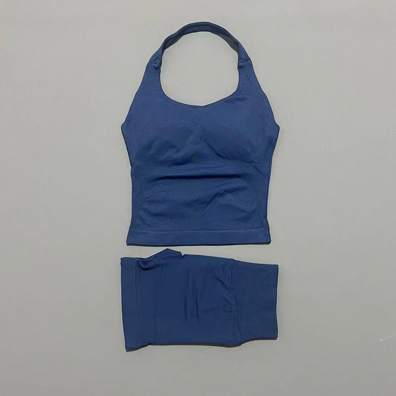 Yoga Set For Women With Backless Halter Top And Seamless Shorts