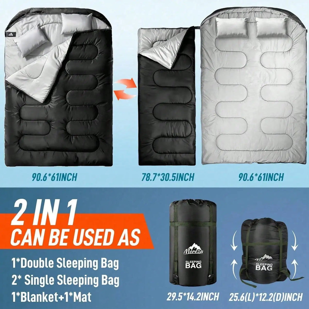 All Season Double Camping Sleeping Bag for Adults With Pillow