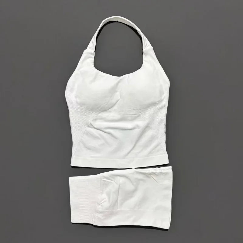 Yoga Set For Women With Backless Halter Top And Seamless Shorts