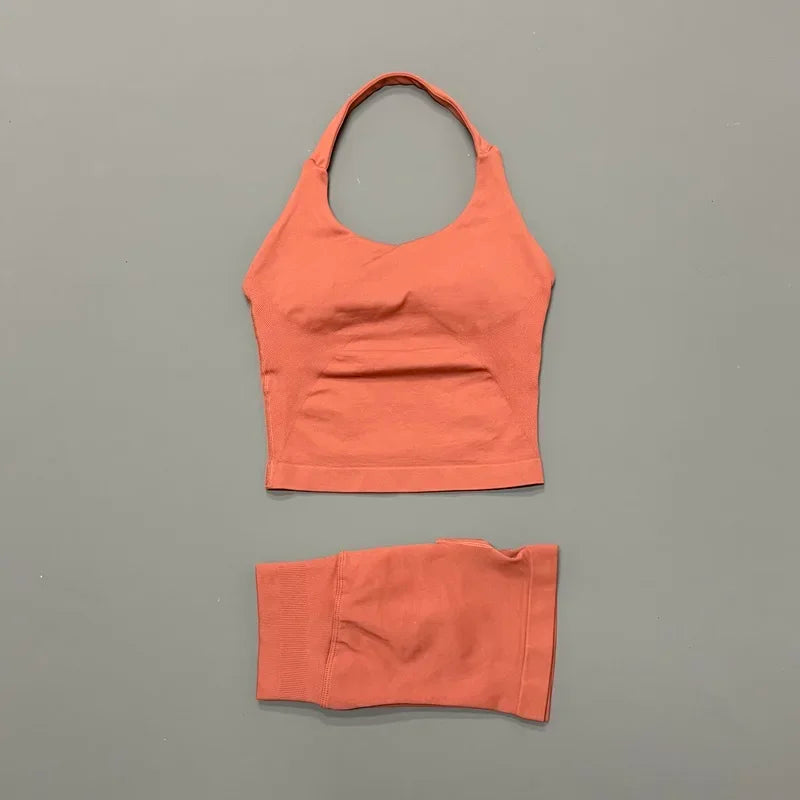 Yoga Set For Women With Backless Halter Top And Seamless Shorts