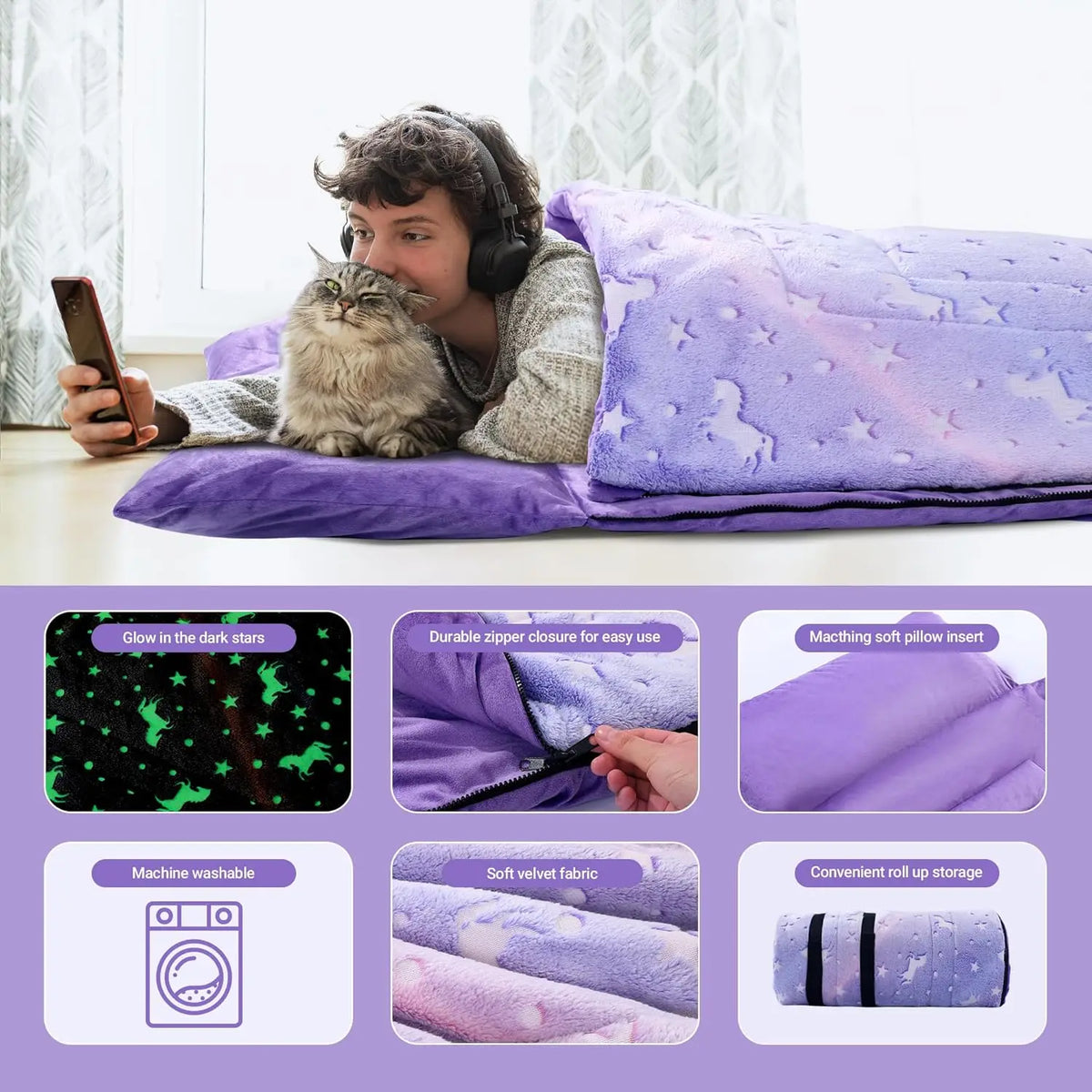 Glow In The Dark Kids Sleeping Bag With Pillow And Blanket