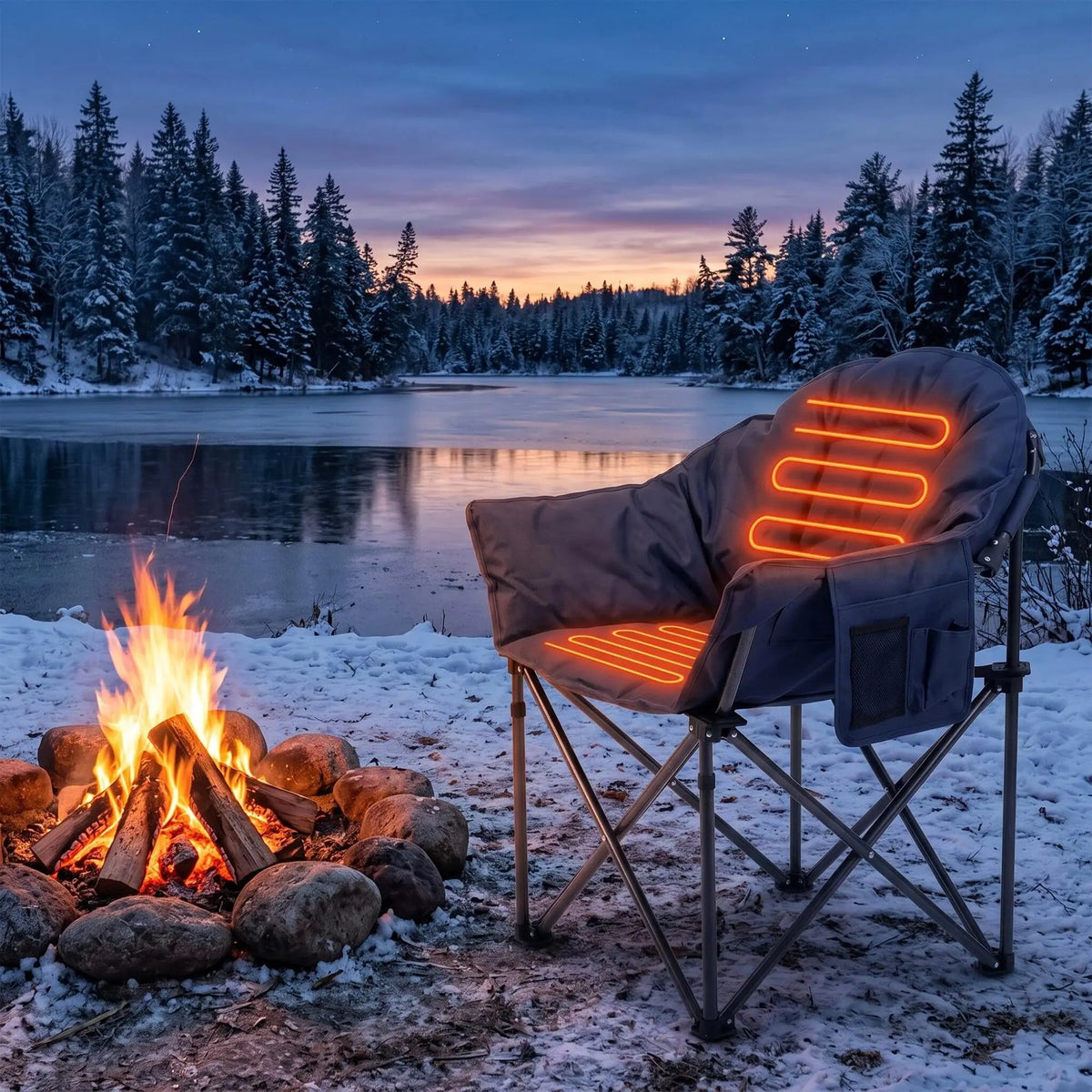 HiMISS Heated Folding Camping Chair With Cup Holder And Pockets