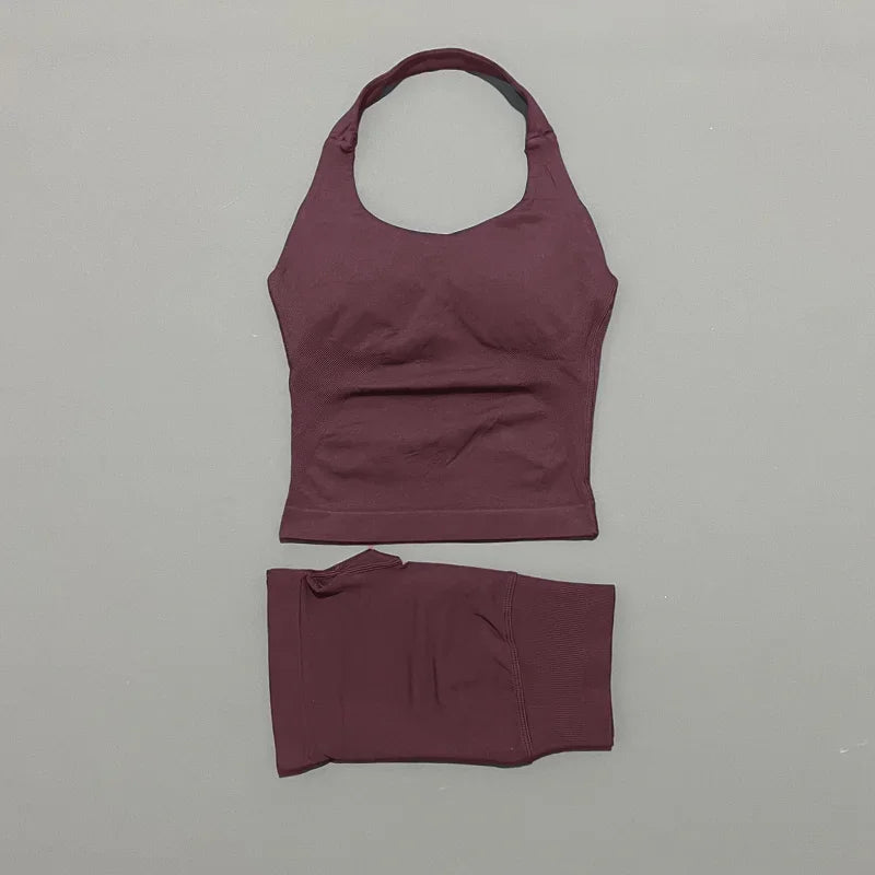 Yoga Set For Women With Backless Halter Top And Seamless Shorts