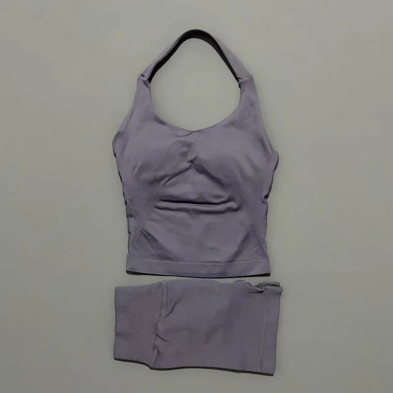 Yoga Set For Women With Backless Halter Top And Seamless Shorts