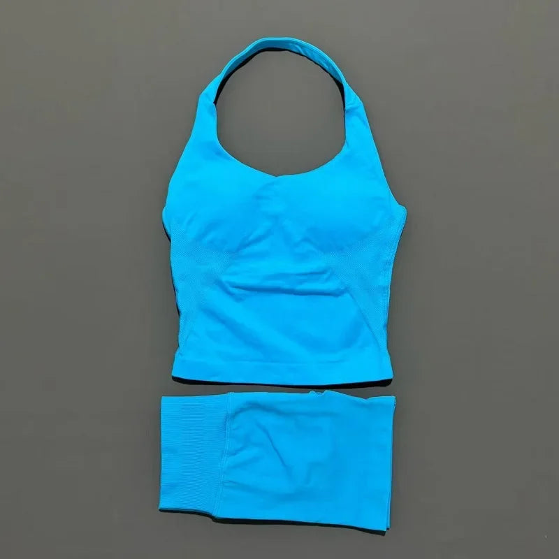 Yoga Set For Women With Backless Halter Top And Seamless Shorts