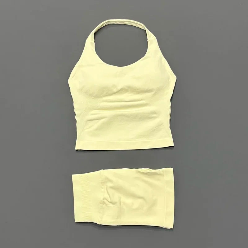 Yoga Set For Women With Backless Halter Top And Seamless Shorts
