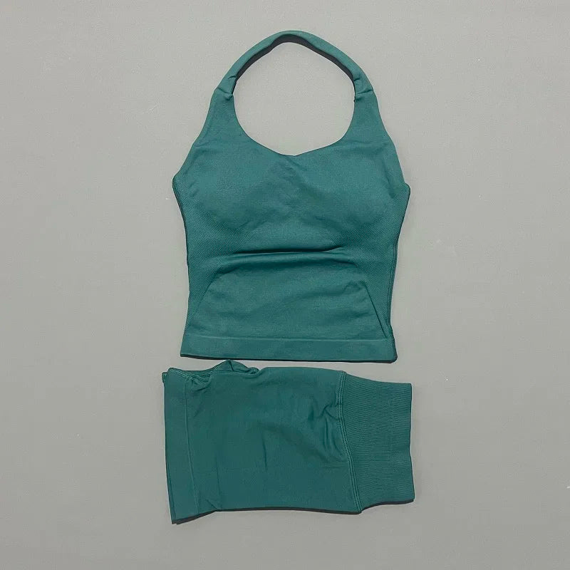 Yoga Set For Women With Backless Halter Top And Seamless Shorts