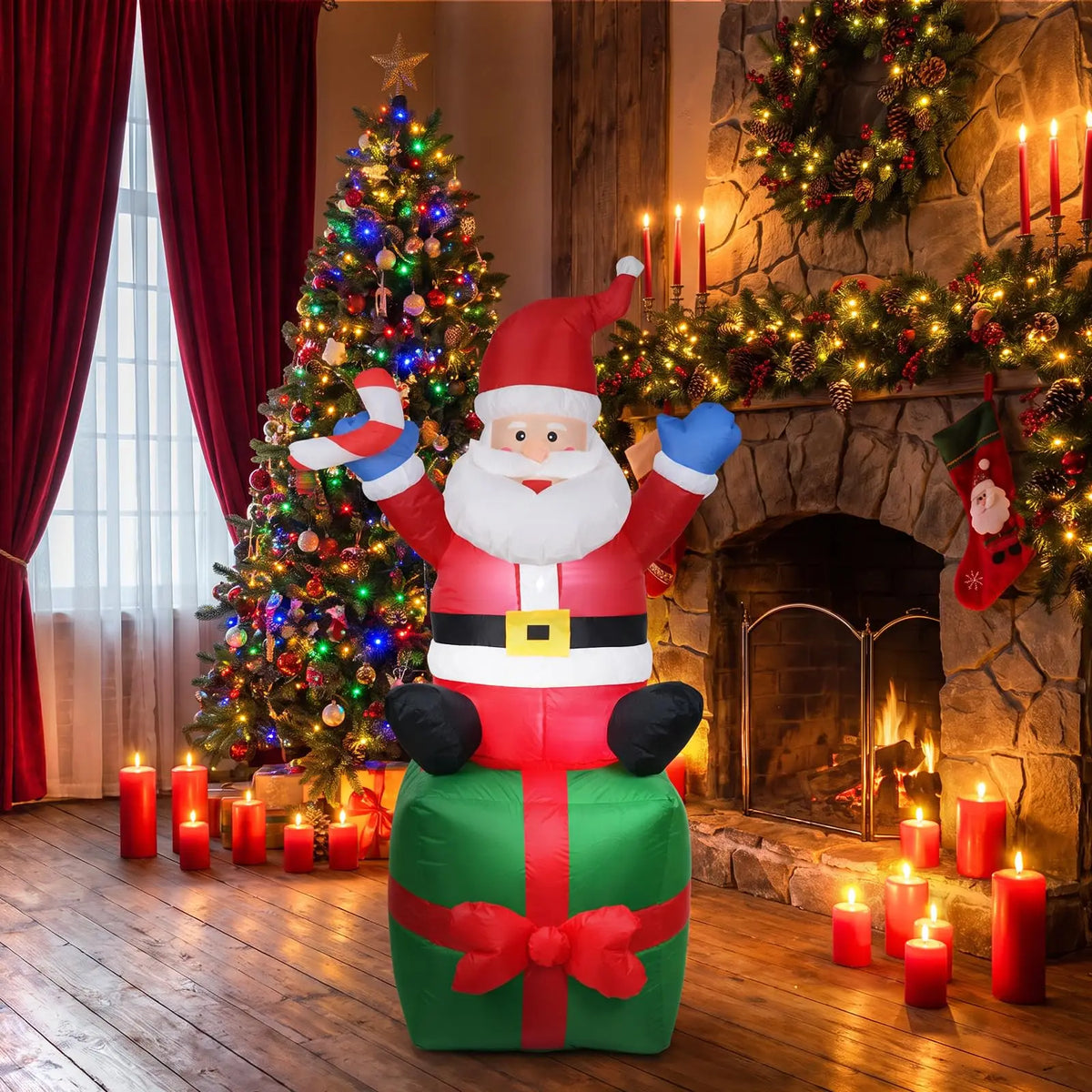 Christmas Inflatable Santa Claus On Gift Box Outdoor Yard Decor