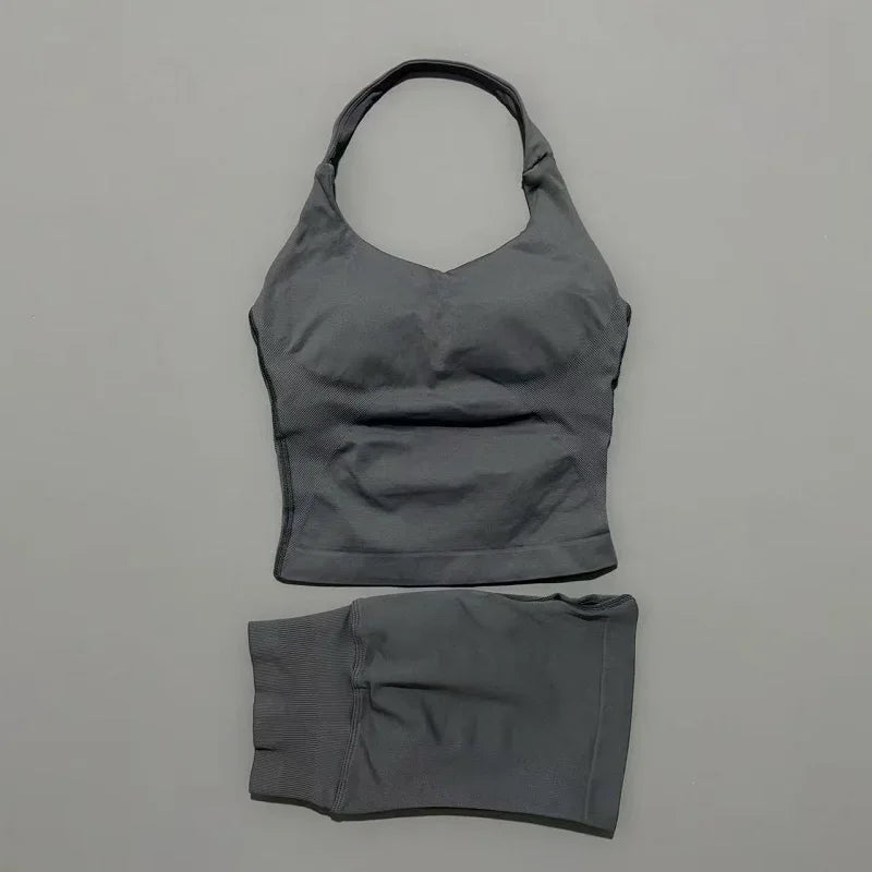 Yoga Set For Women With Backless Halter Top And Seamless Shorts