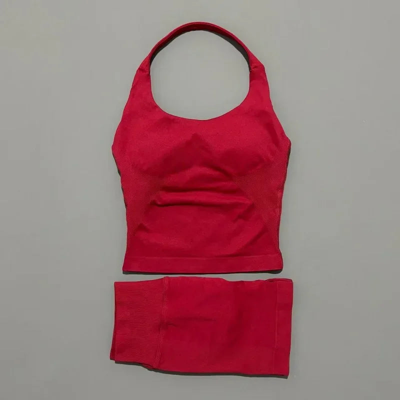Yoga Set For Women With Backless Halter Top And Seamless Shorts