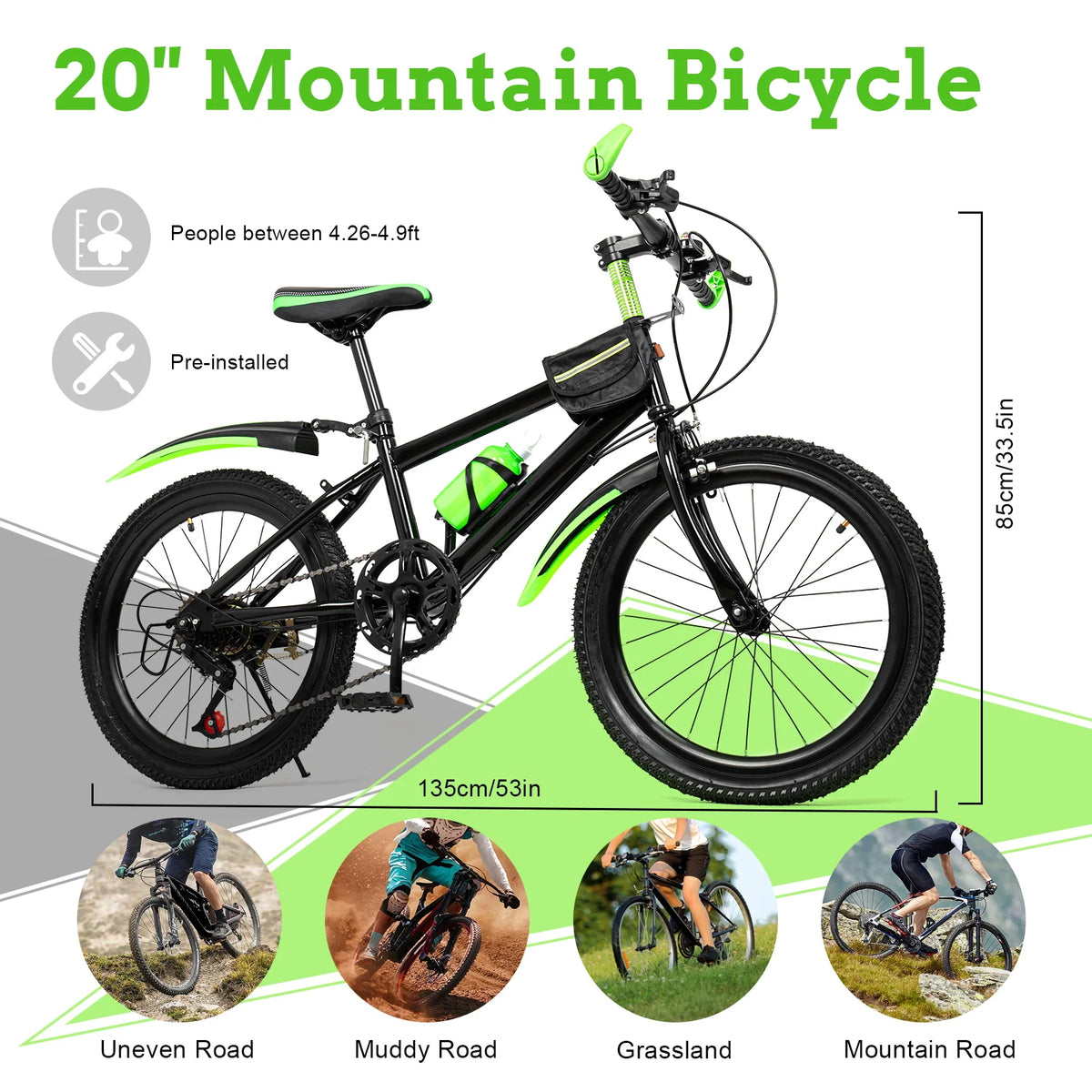 Children's Seven Speed Mountain Bike With Adjustable Seat And Storage Bag