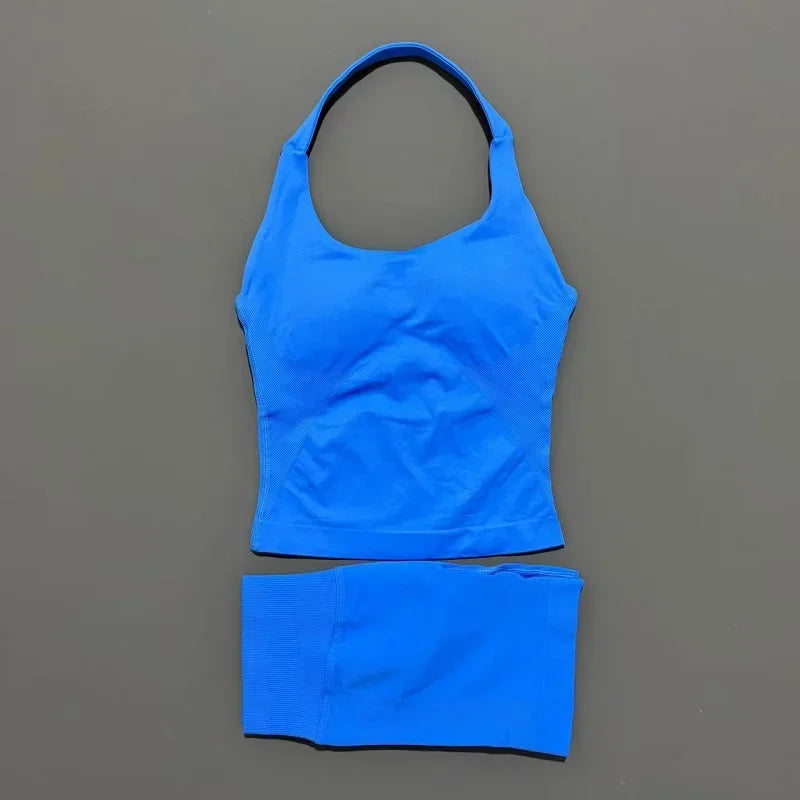 Yoga Set For Women With Backless Halter Top And Seamless Shorts
