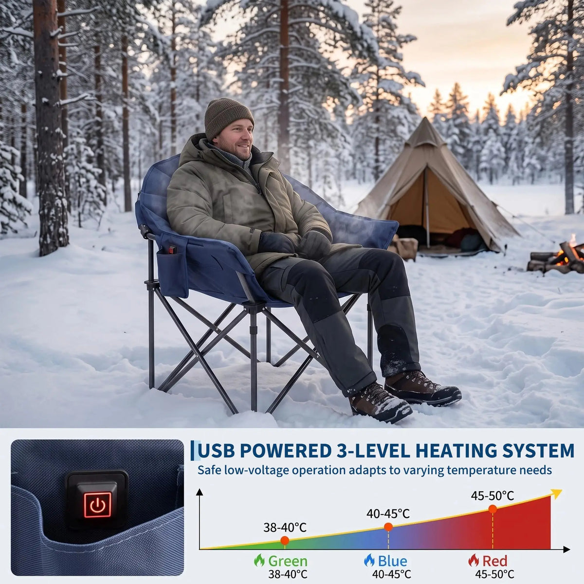 HiMISS Heated Folding Camping Chair With Cup Holder And Pockets