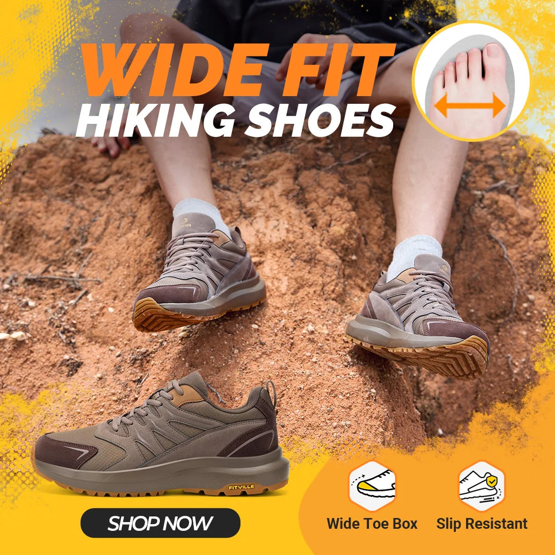 FitVille Men's Wide Toe Box Hiking Walking Shoes With Arch Support
