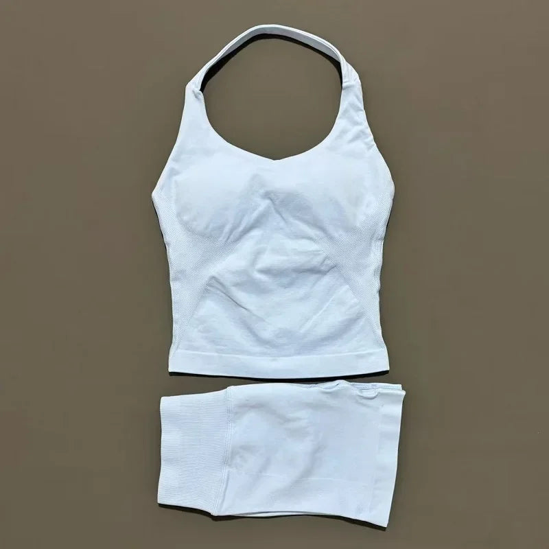 Yoga Set For Women With Backless Halter Top And Seamless Shorts