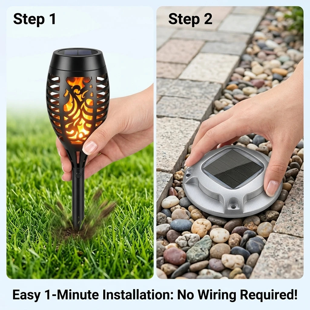 Solar Flame Torch and Ground Lights for Garden Pathways