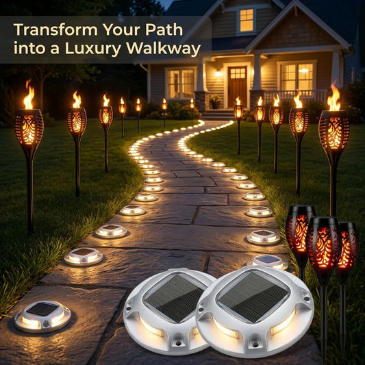 Solar Flame Torch and Ground Lights for Garden Pathways