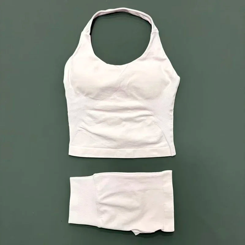 Yoga Set For Women With Backless Halter Top And Seamless Shorts