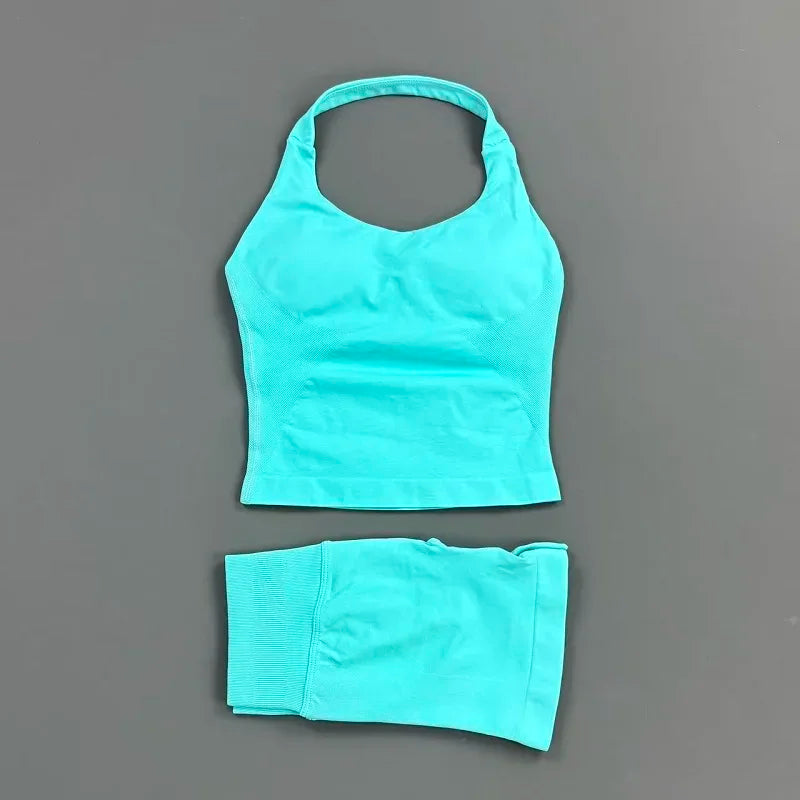 Yoga Set For Women With Backless Halter Top And Seamless Shorts